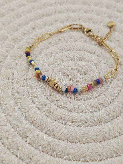 Pulseira Com Missangas Coloridas Aço Inox