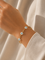 Pulseira Dourada Flores Pedra Aço Inox